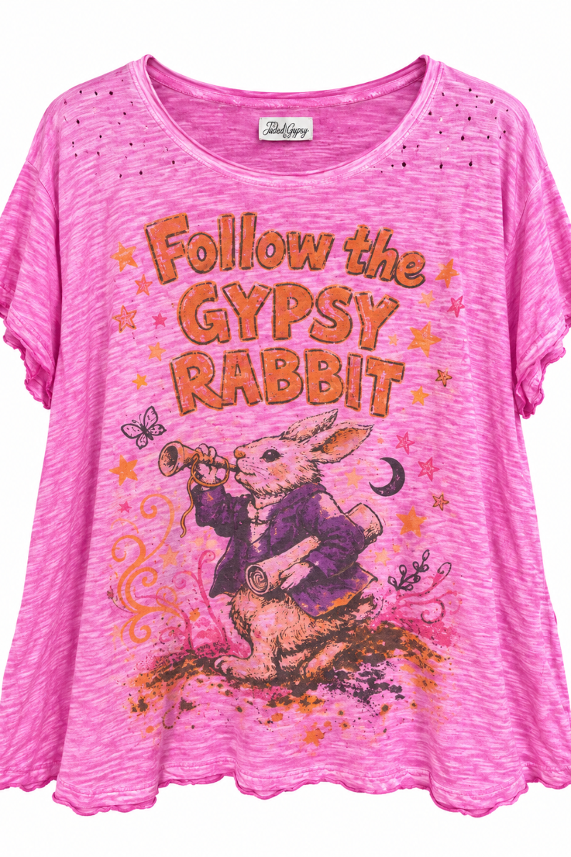 Trestles Clothing Company pink vintage graphic tee with distressed details and Follow the Gypsy Rabbit print